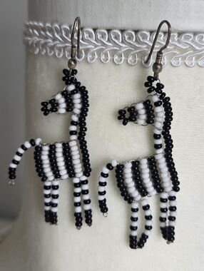 Black & White Beaded Zebra Drop Earrings